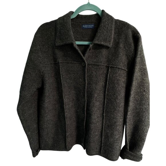 Karen Scott Womens Pure Wool Cardigan Jacket Made In Australia Button Front Dark - Picture 2 of 13